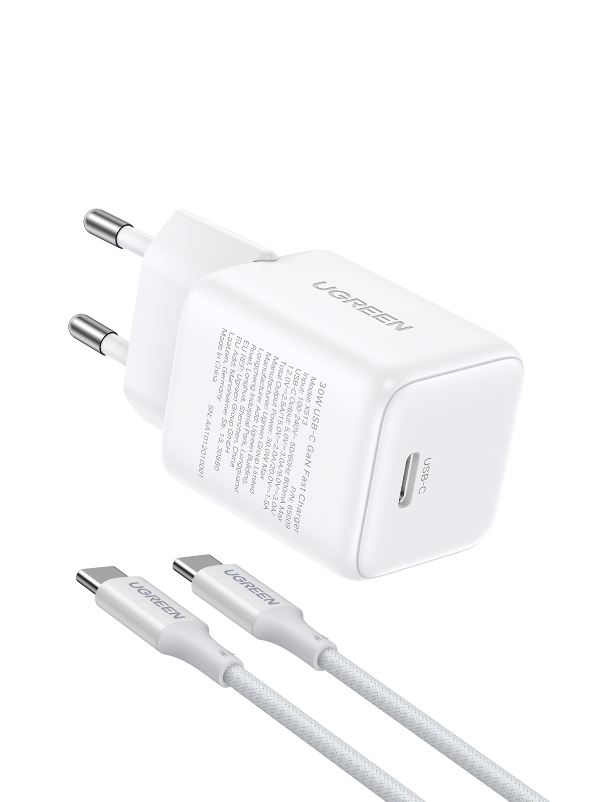 UGREEN GaN 30W Chargeur rapide USB-C + Câble 60W (White)