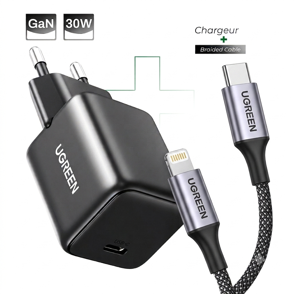 Pack chargeur GaN 30W + Cable USB-C to Lightning Braided Certifié Apple MFi