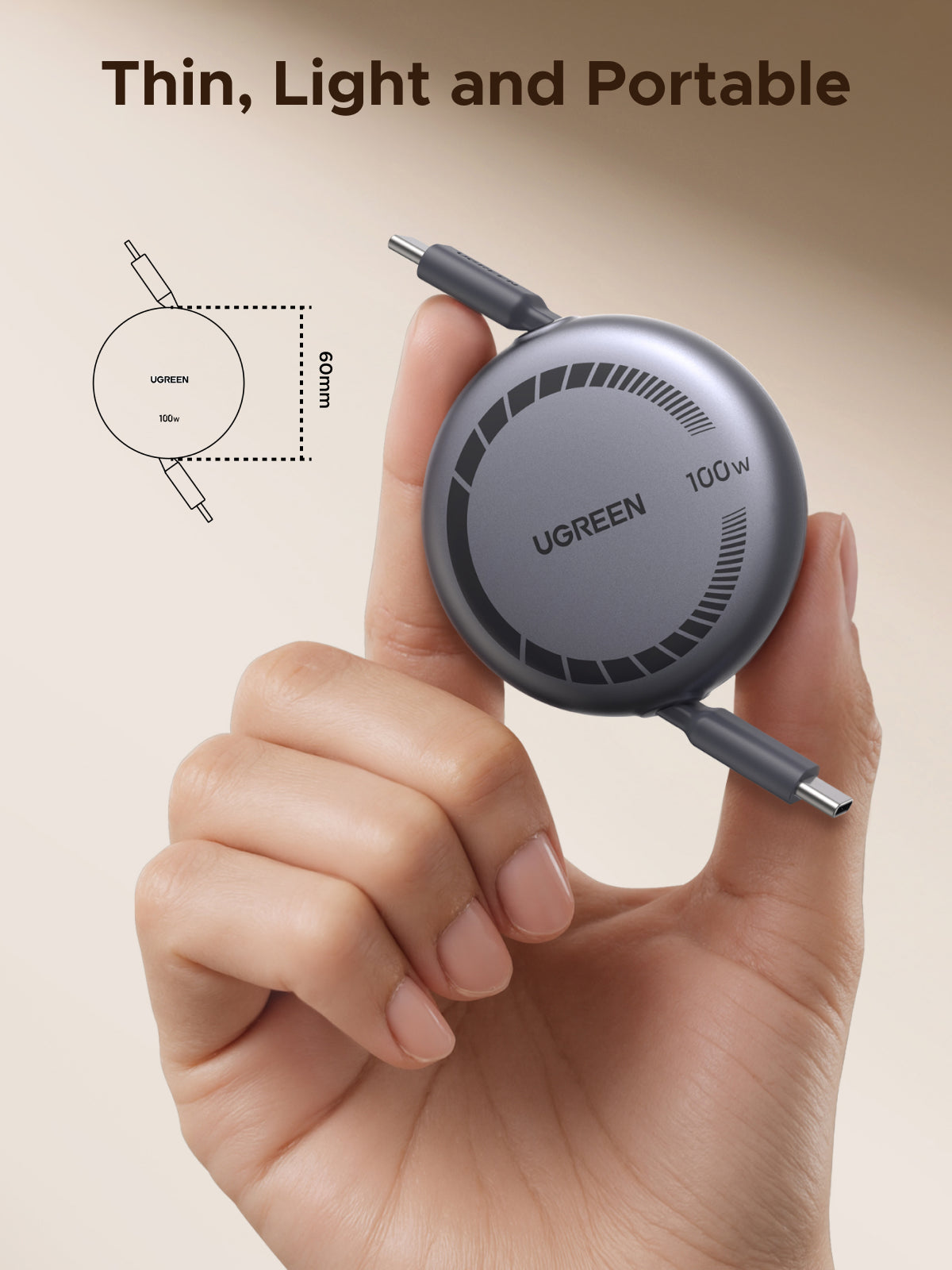 UGREEN USB-C to USB-C PD Retractable Cable 100W GRAY 1M