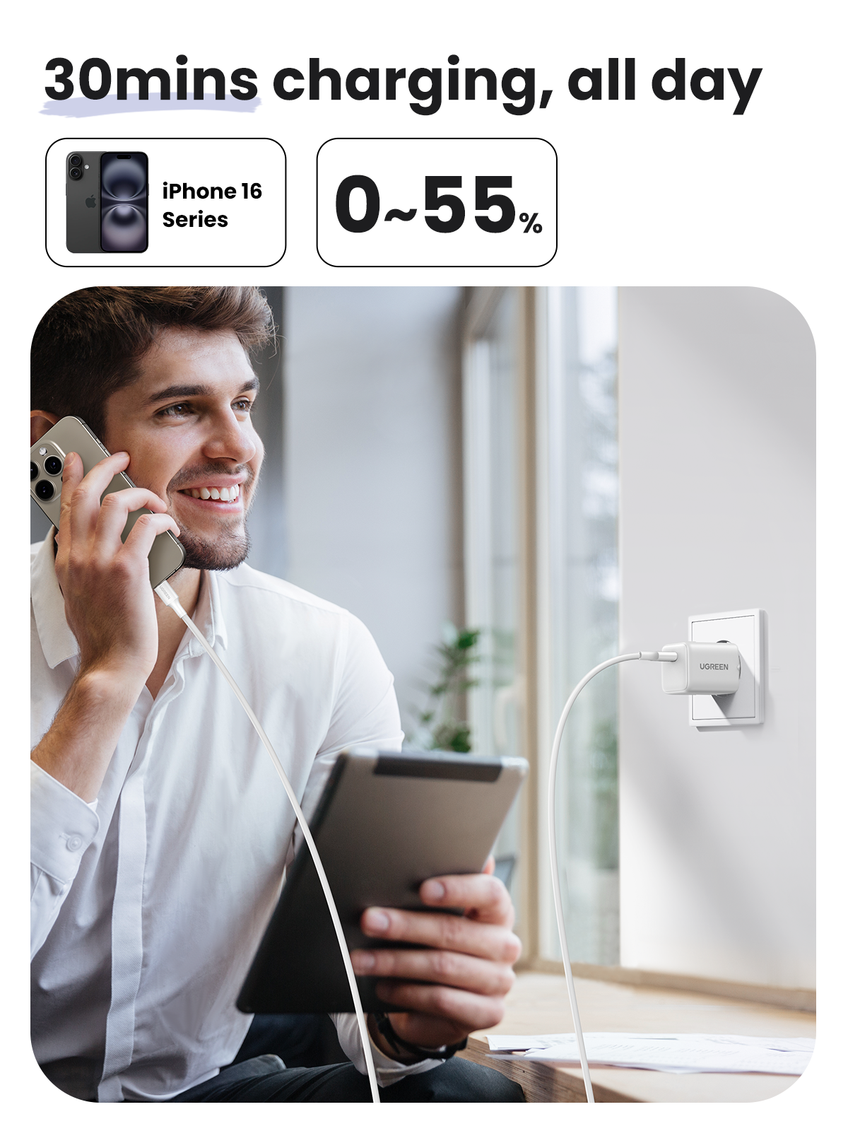 UGREEN GaN 30W Chargeur rapide USB-C + Câble 60W (White)
