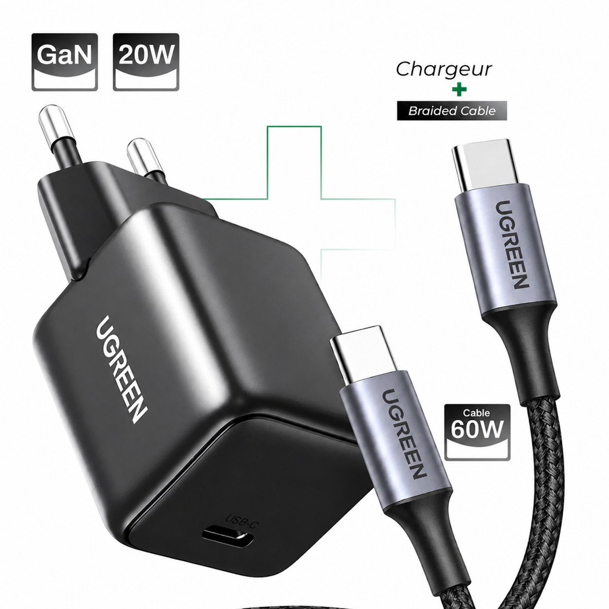 Pack Chargeur GaN 20W + Cable Braide 60W