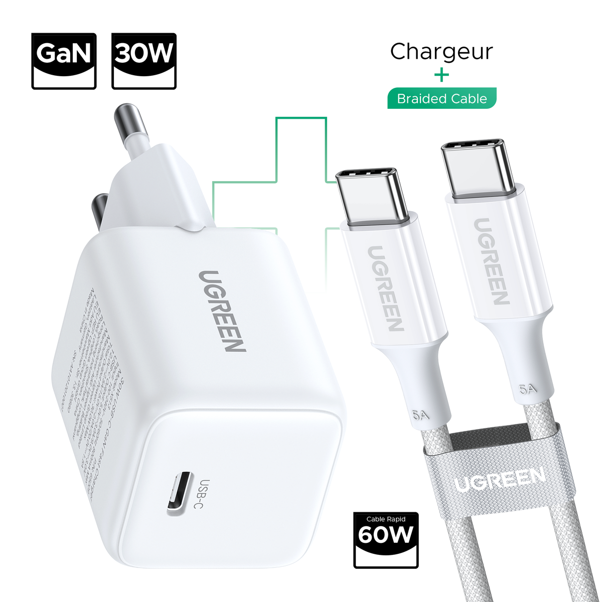 UGREEN GaN 30W Chargeur rapide USB-C + Câble 60W (White)