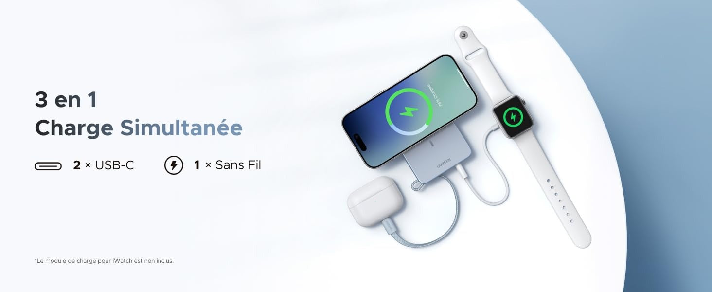 UGREEN MagFlow Batterie Externe Magnétique Sans Fil (10000mAh, Qi2 25W, Compatible MagSafe)