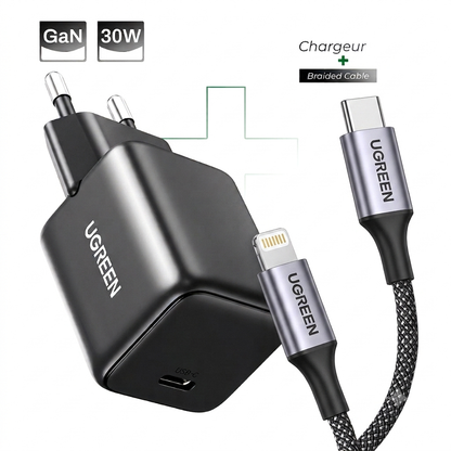 Pack chargeur GaN 30W + Cable USB-C to Lightning Braided Certifié Apple MFi