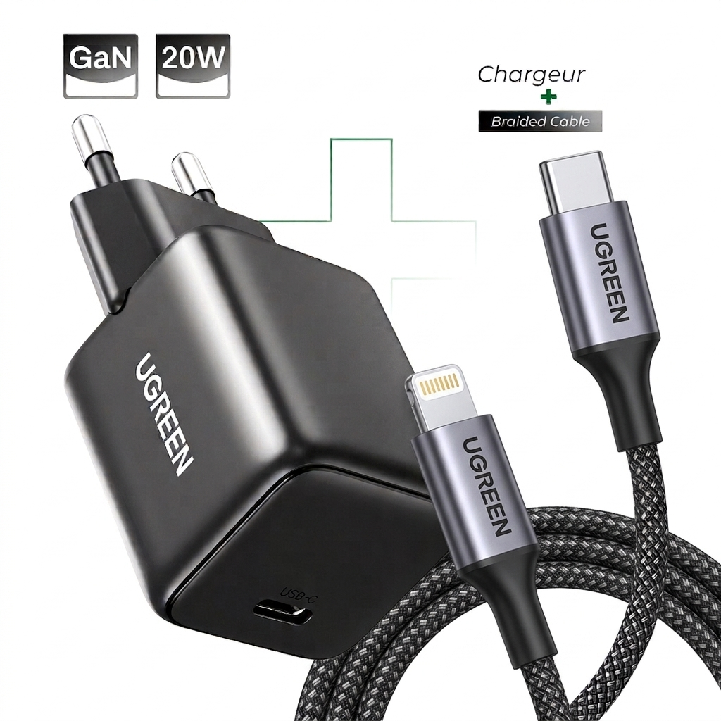 Pack UGREEN GaN 20W + Cable USB-C to Lightning Braided Certifié Apple MFi