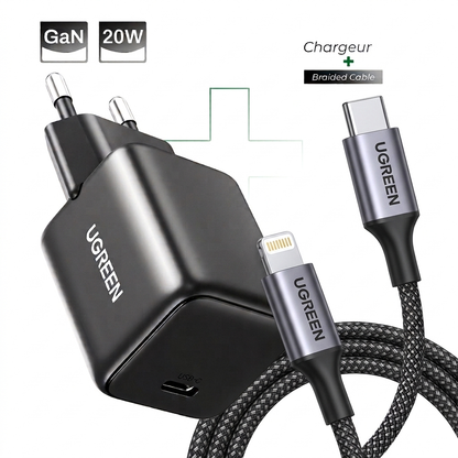 Pack UGREEN GaN 20W + Cable USB-C to Lightning Braided Certifié Apple MFi