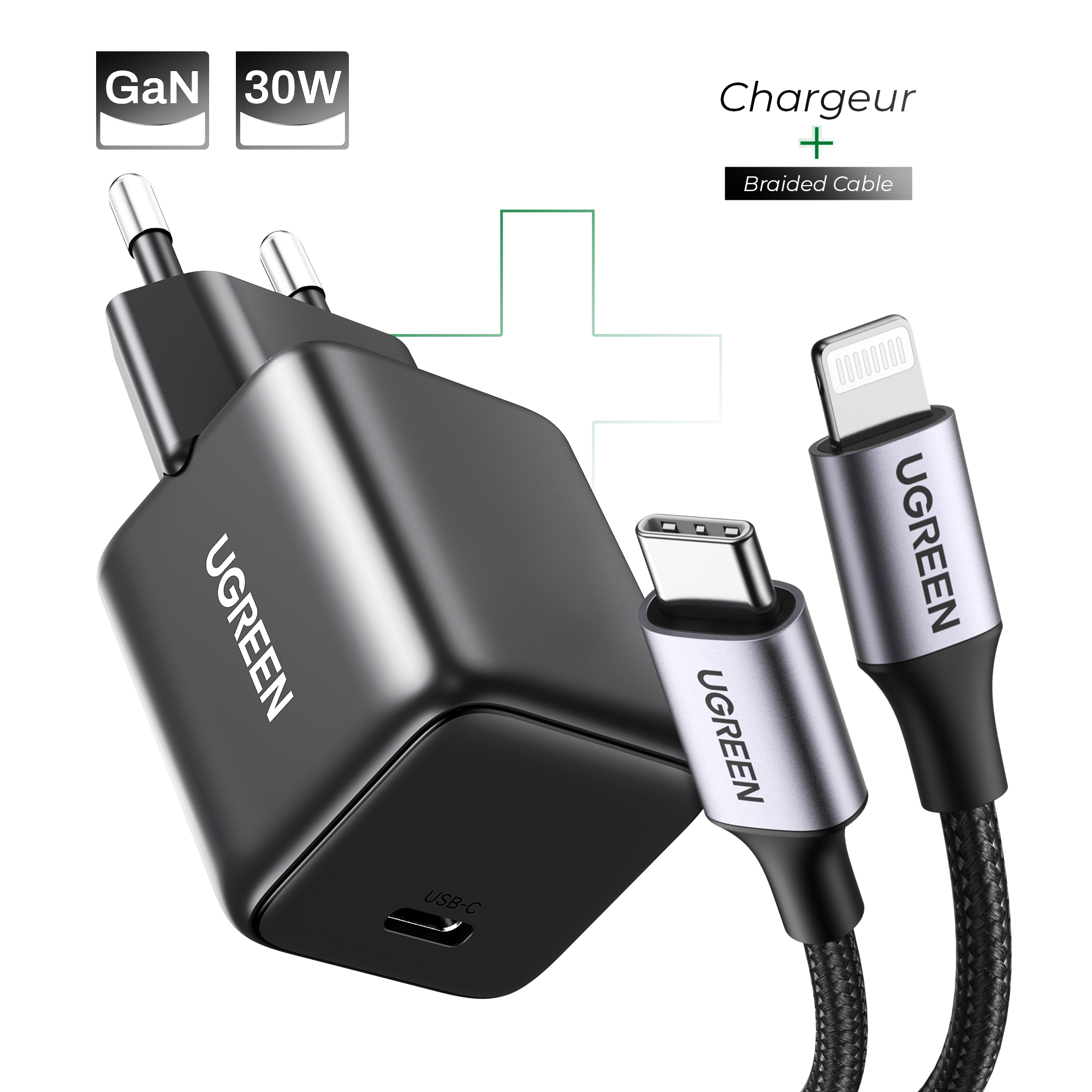 Pack chargeur GaN 30W + Cable USB-C to Lightning Braided Certifié Apple MFi